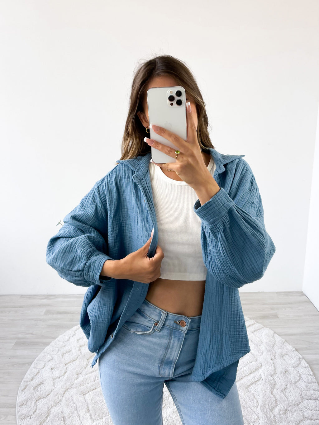Midi Waffle Bluse - Blaugrau