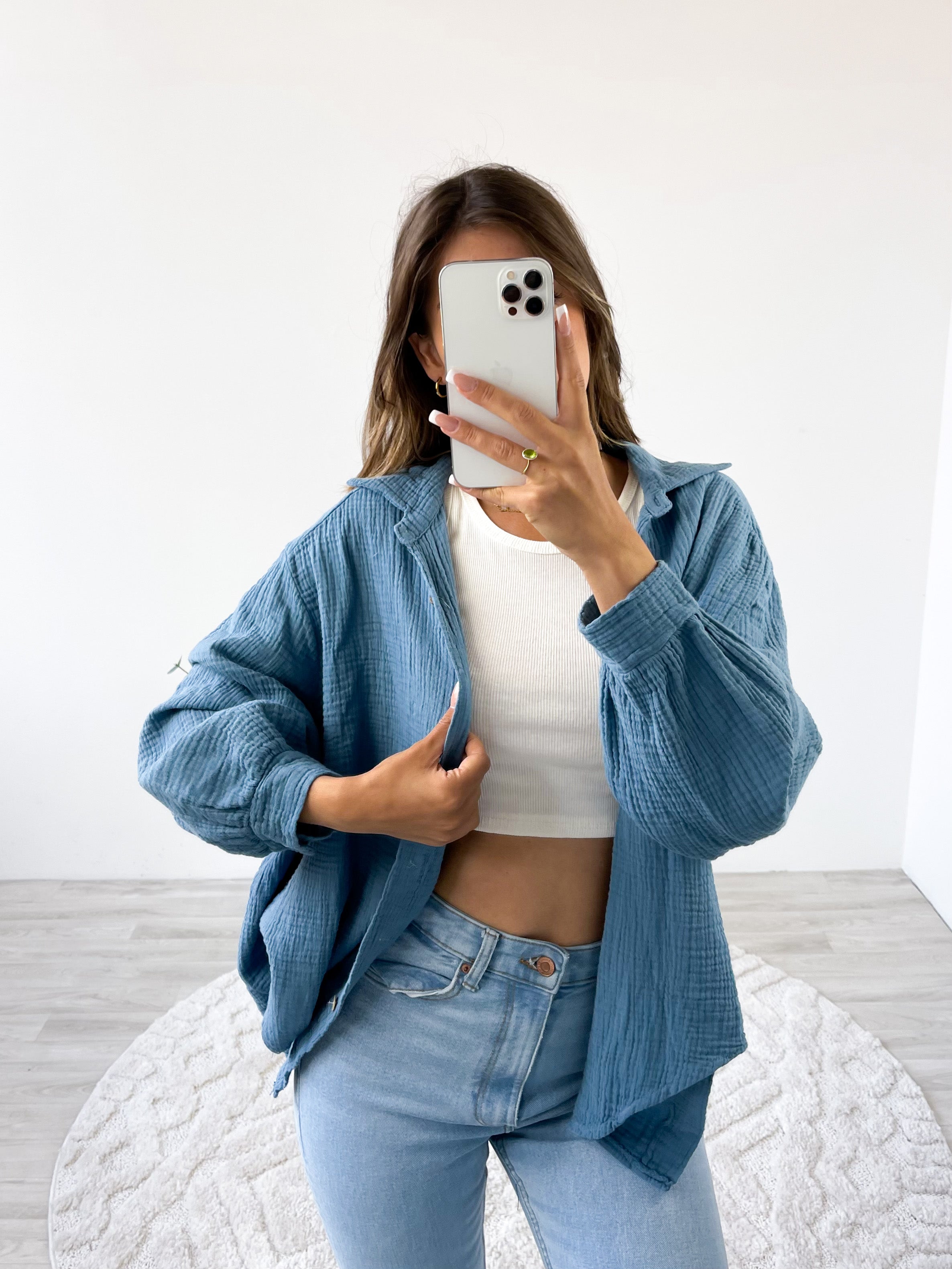 Midi Waffle Bluse - Blaugrau