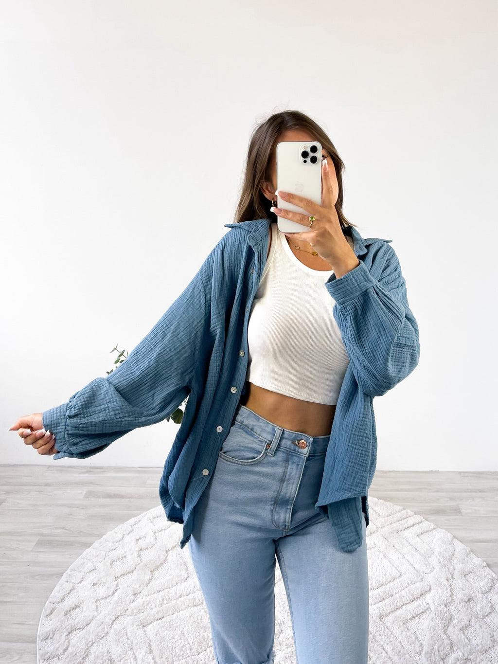 Midi Waffle Bluse - Blaugrau