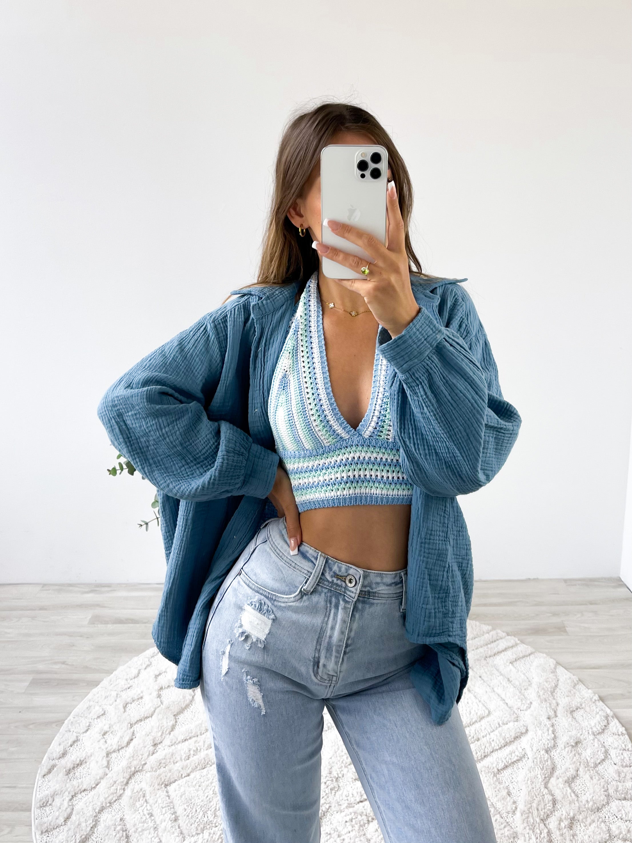 Midi Waffle Bluse - Blaugrau