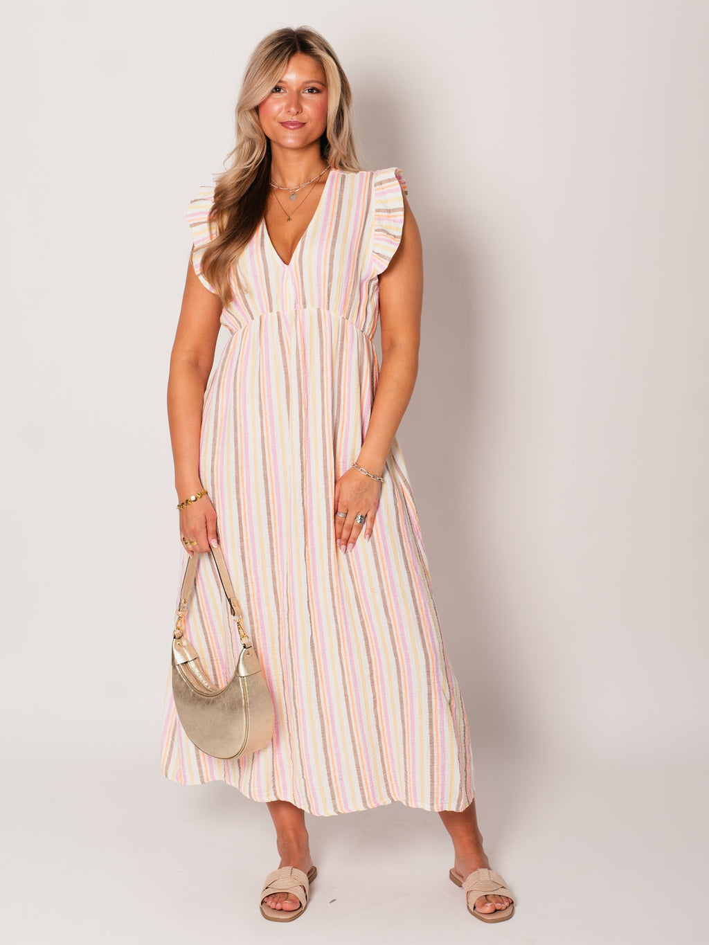 Leonora Stripes Musselin Kleid - Bunt/Taupe