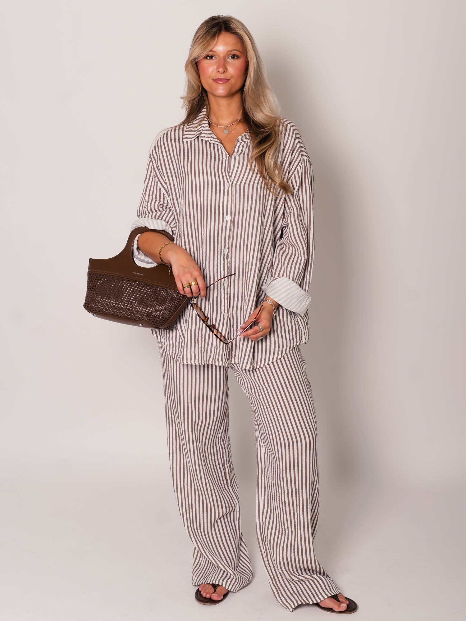 Midi Streifen Musselin Bluse - Creme/Braun