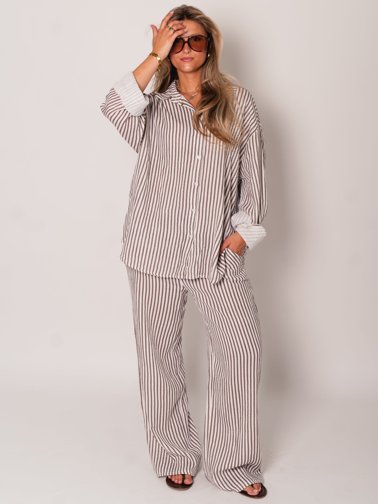Midi Streifen Musselin Bluse - Creme/Braun