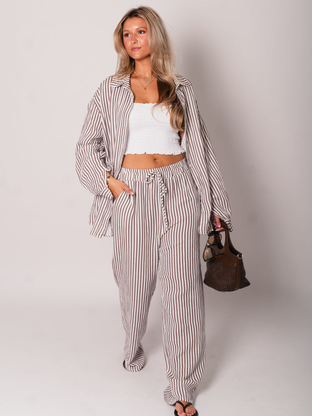Beachy Musselin Hose -  Streifen/Taupe/Weiß