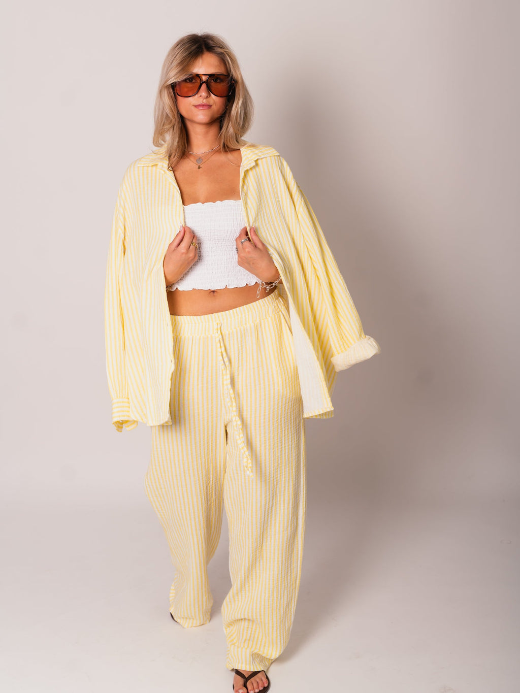 Midi Streifen Musselin Bluse - Weiß/Gelb
