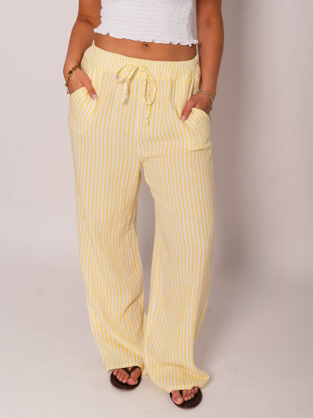 Beachy Musselin Hose -  Streifen/Weiß/Zitronengelb