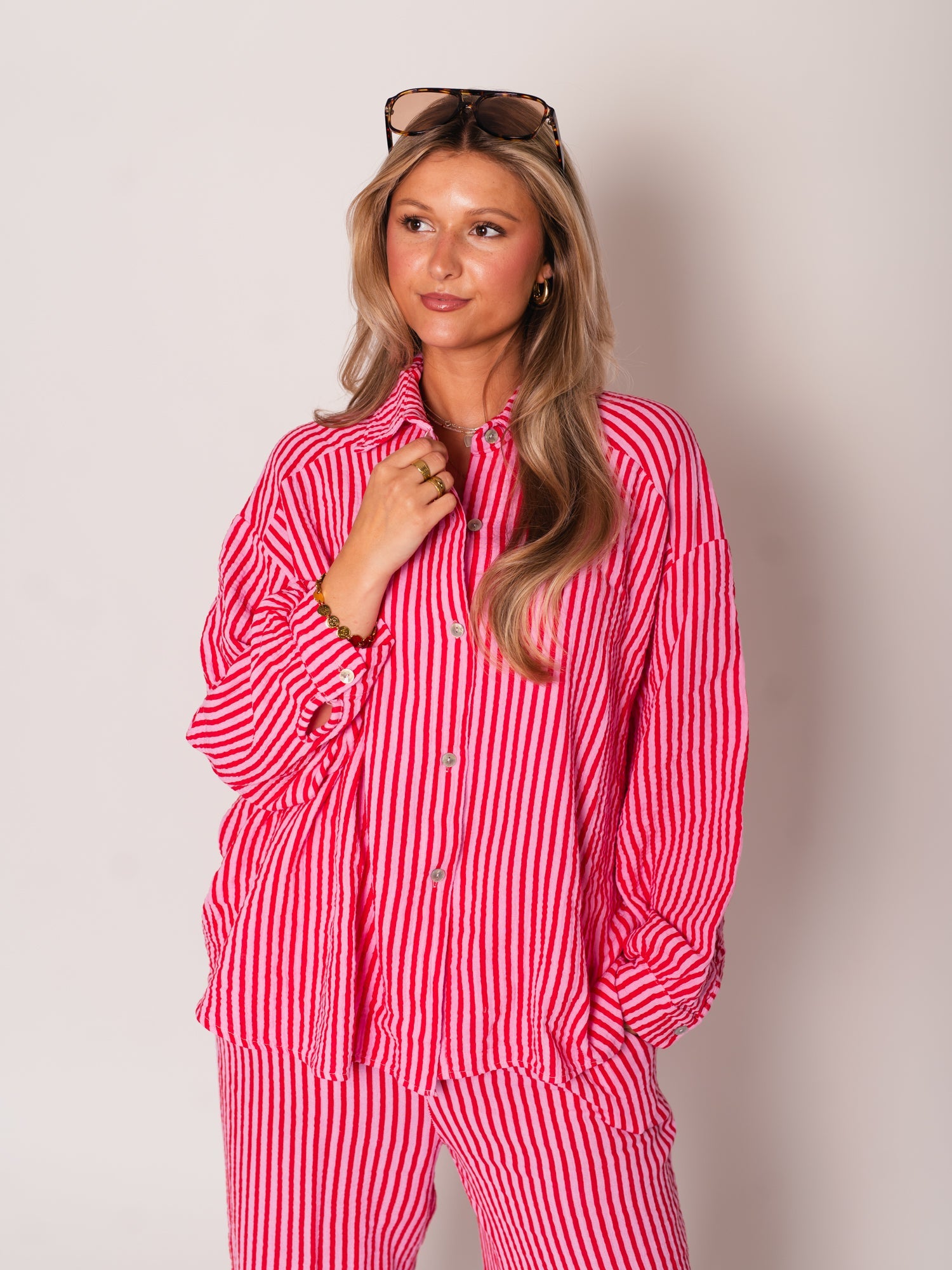 Midi Streifen Musselin Bluse - Rosa/Rot