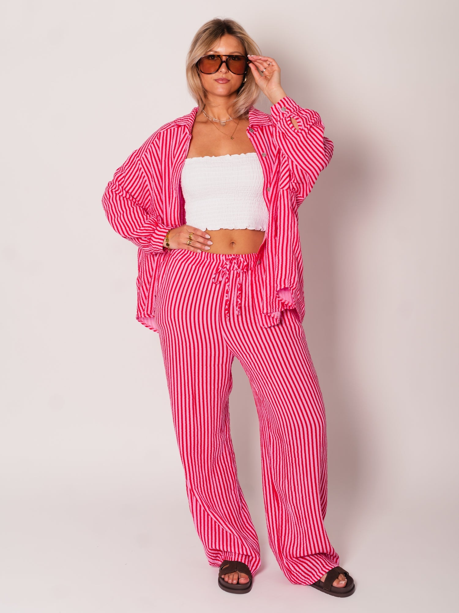 Midi Streifen Musselin Bluse - Rosa/Rot