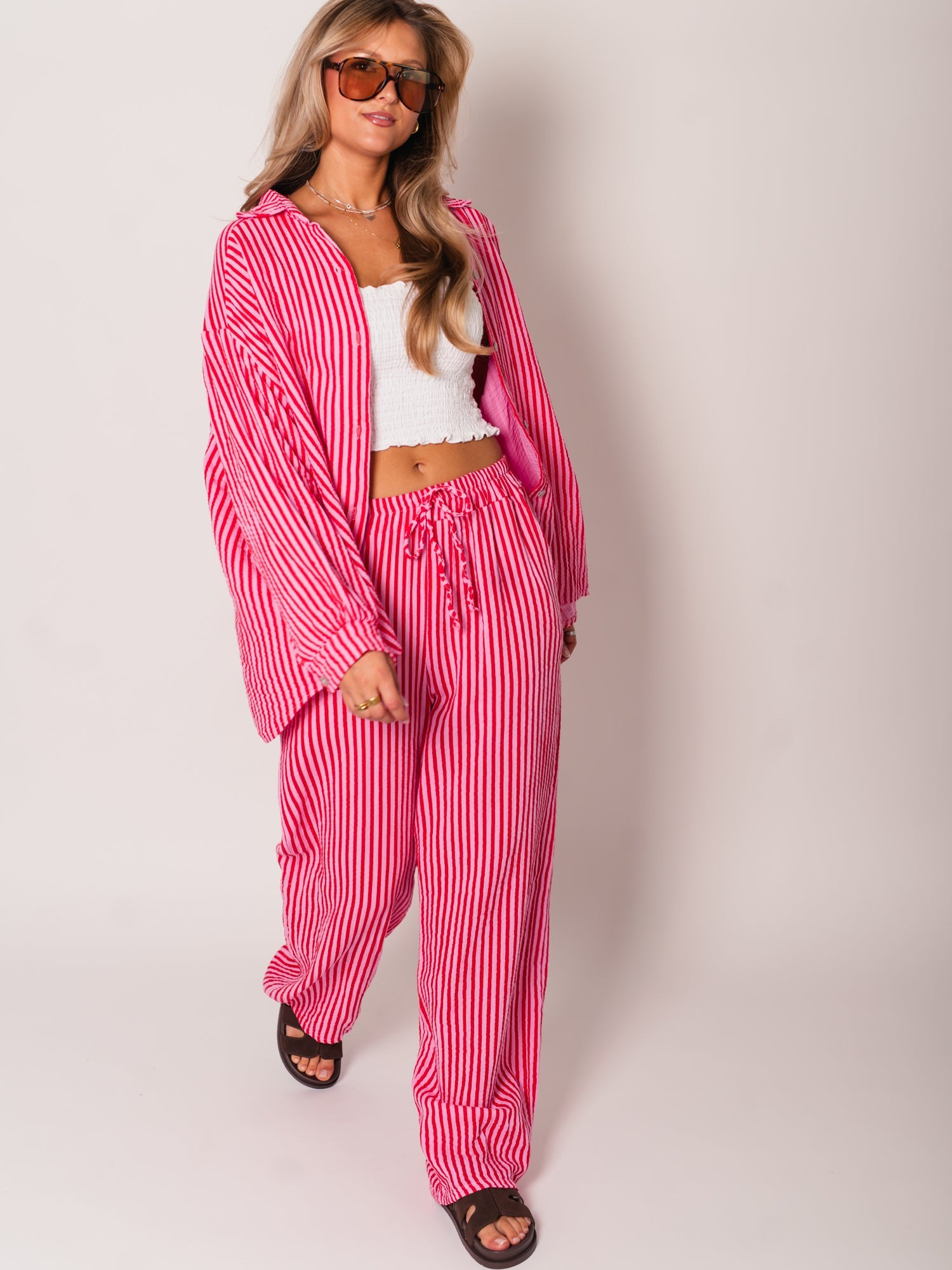 Midi Streifen Musselin Bluse - Rosa/Rot