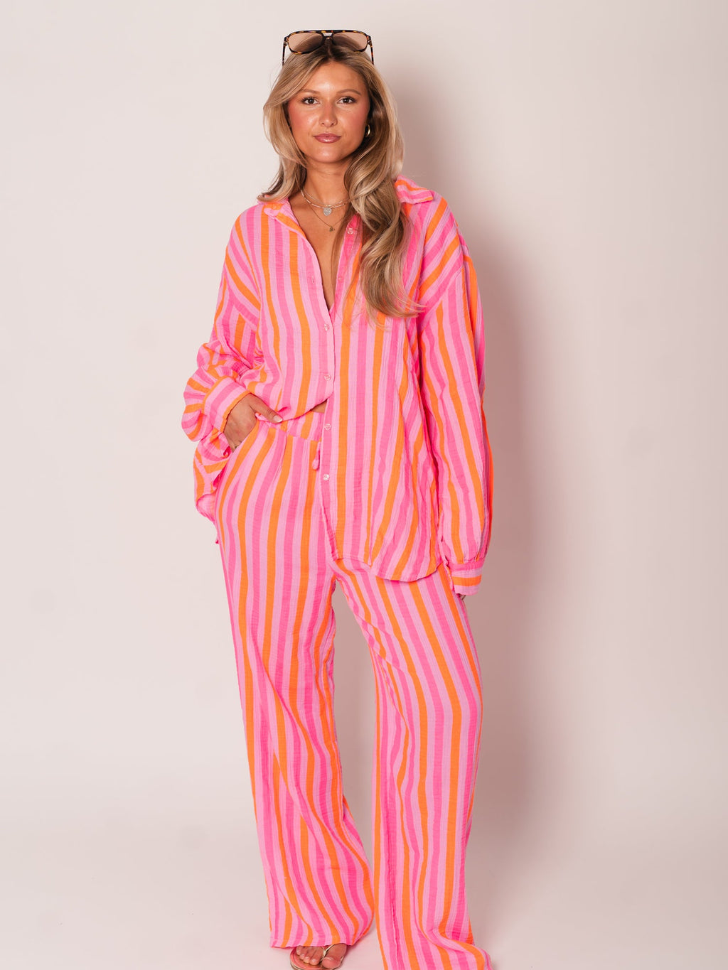 Midi Streifen Musselin Bluse - Orange/Pink