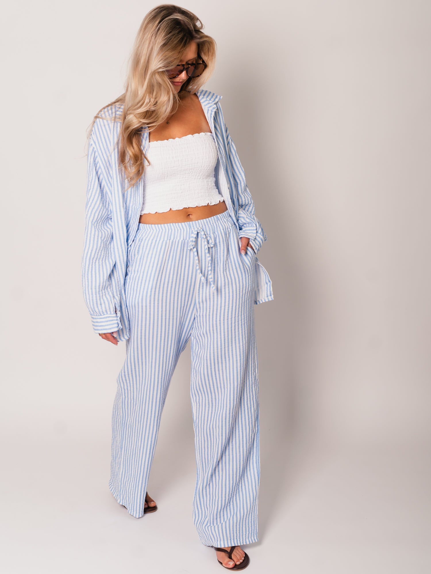 Midi Streifen Musselin Bluse - Weiß/Blau