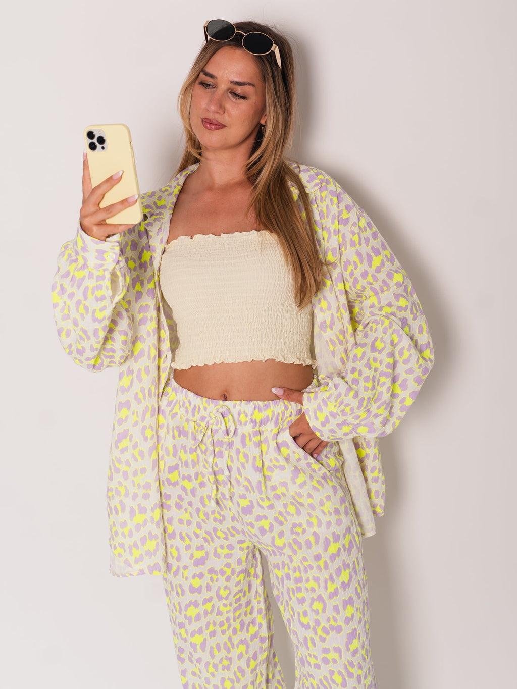 Leo Midi Waffle Bluse - Lila/Gelb