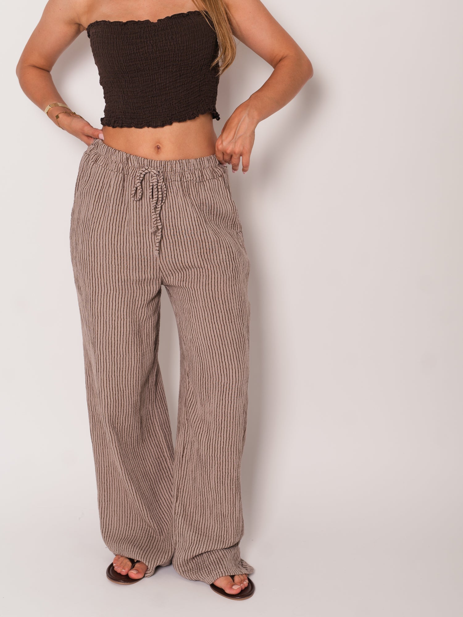 Beachy Musselin Hose-  Streifen/Braun/Taupe