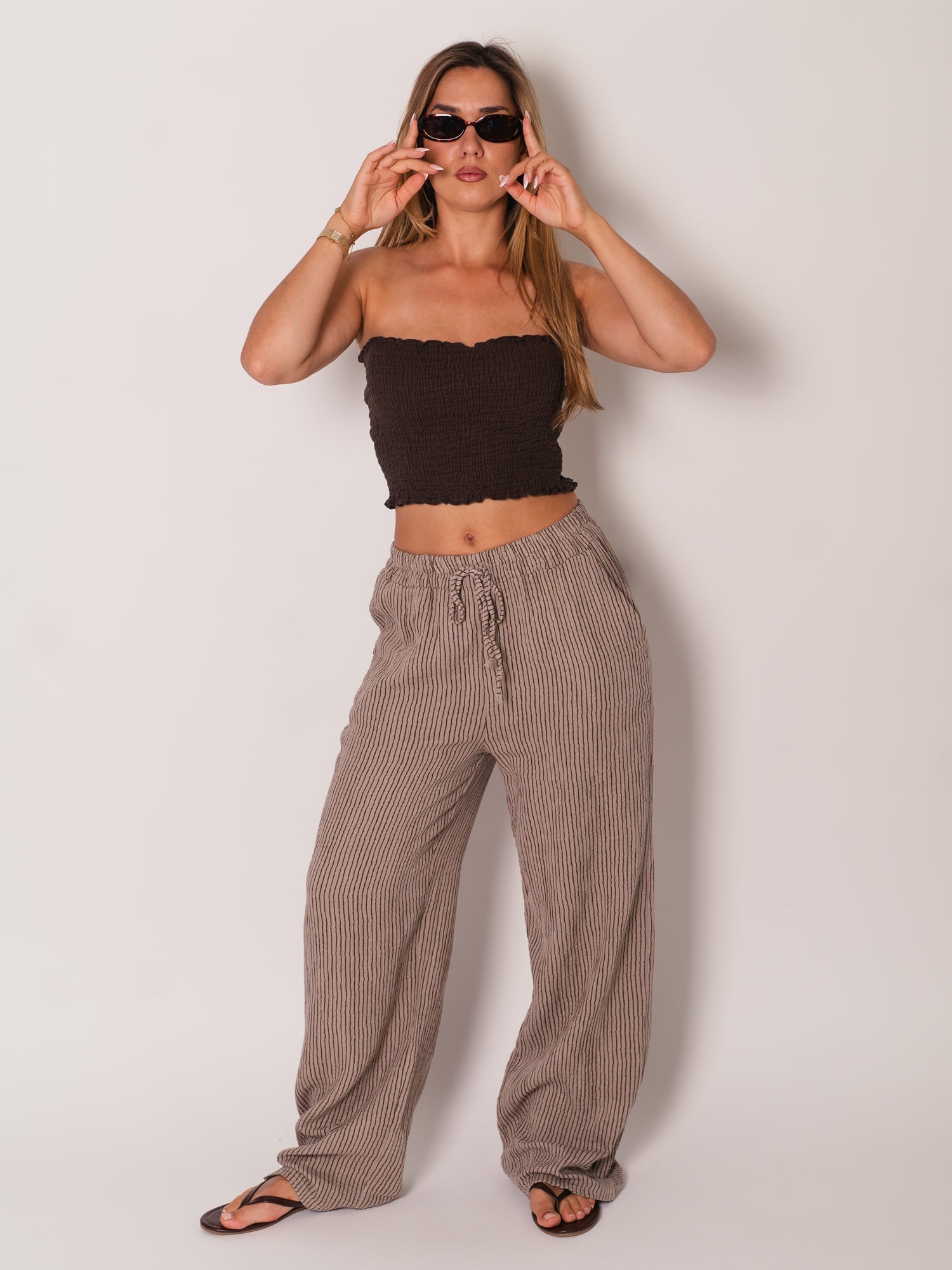 Beachy Musselin Hose-  Streifen/Braun/Taupe