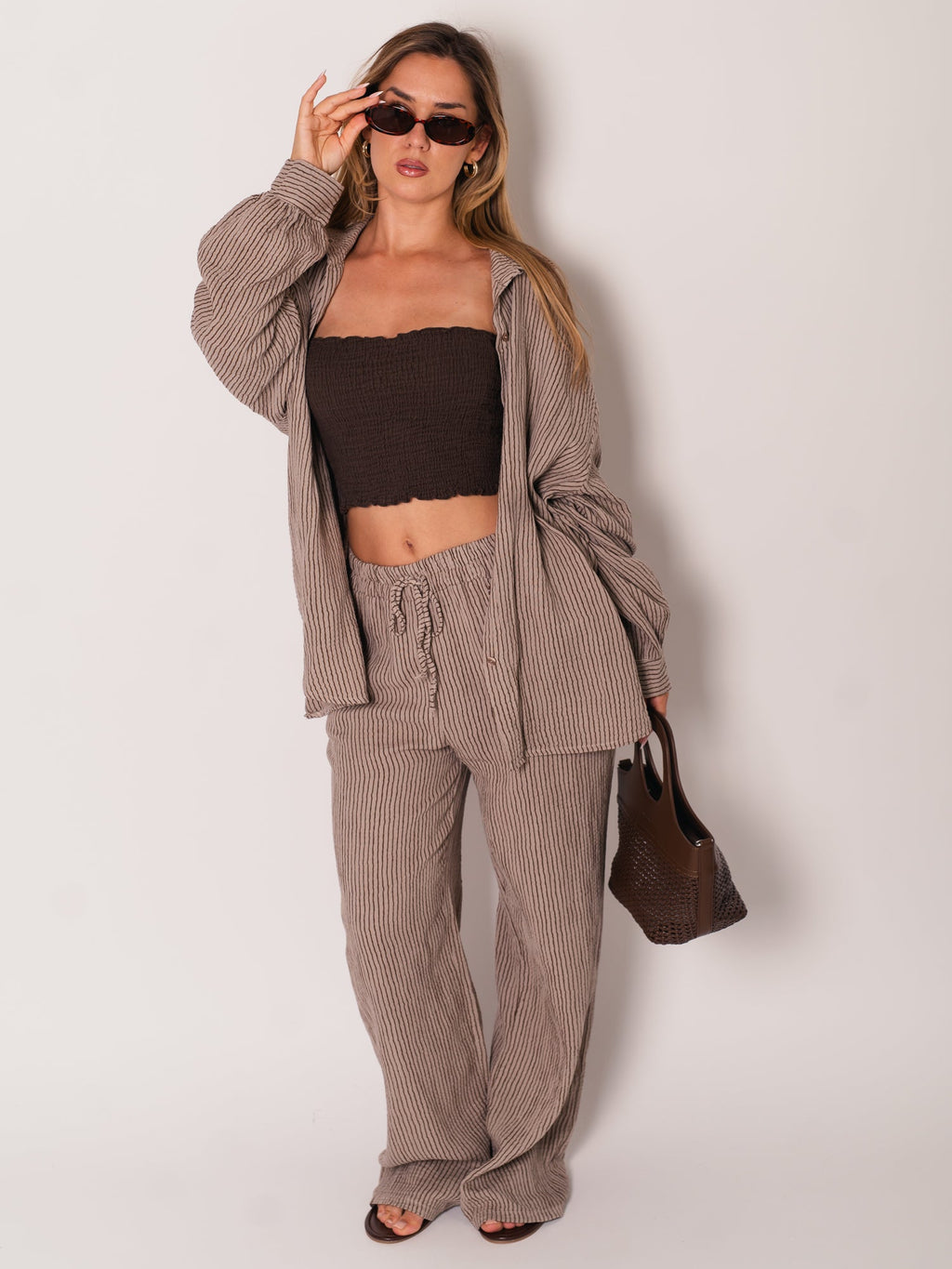Beachy Musselin Hose-  Streifen/Braun/Taupe