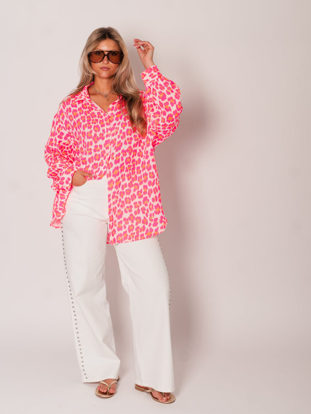 Leo Midi Waffle Bluse - Weiß/Pink/Orange