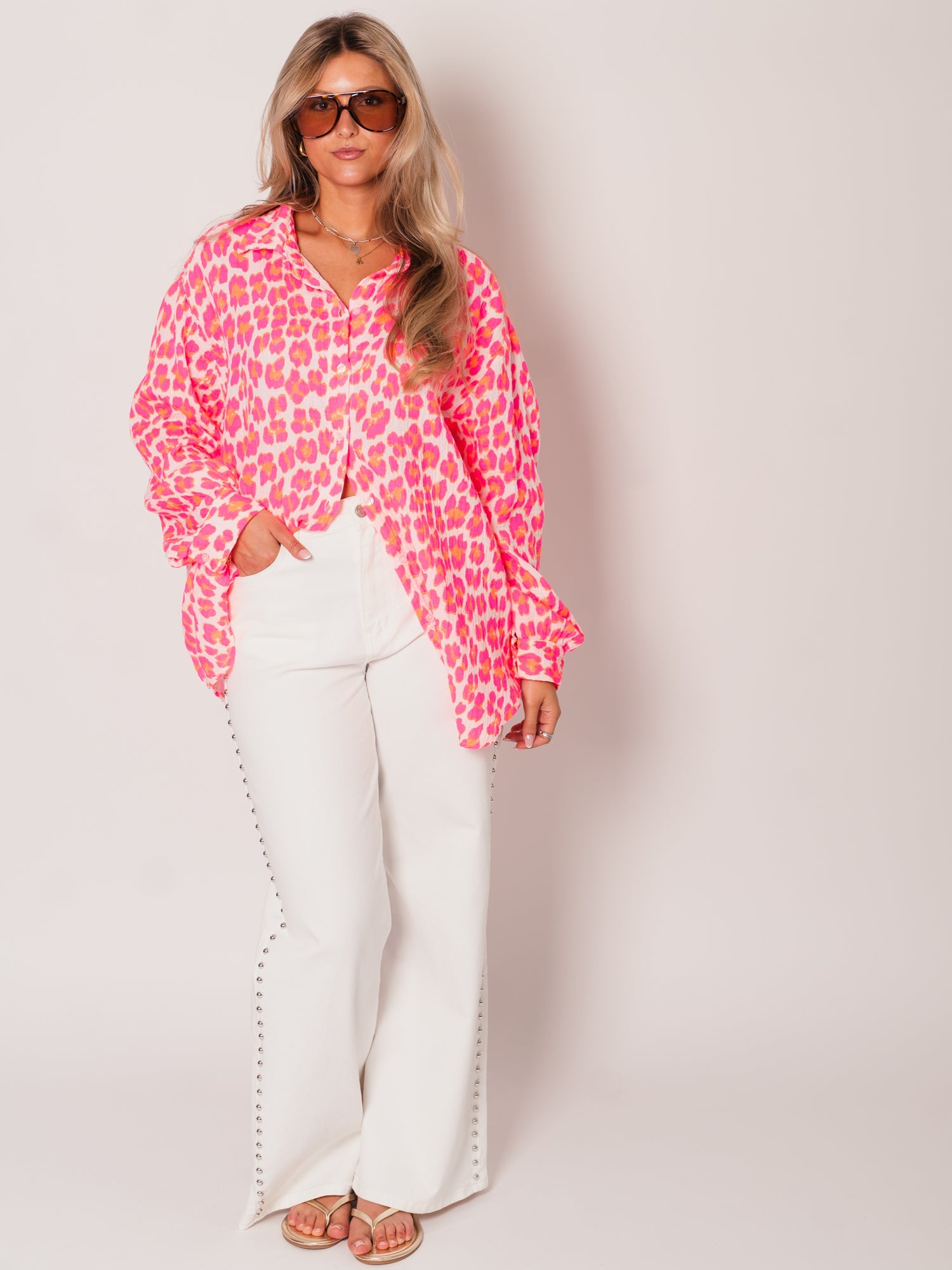 Leo Midi Waffle Bluse - Weiß/Pink/Orange
