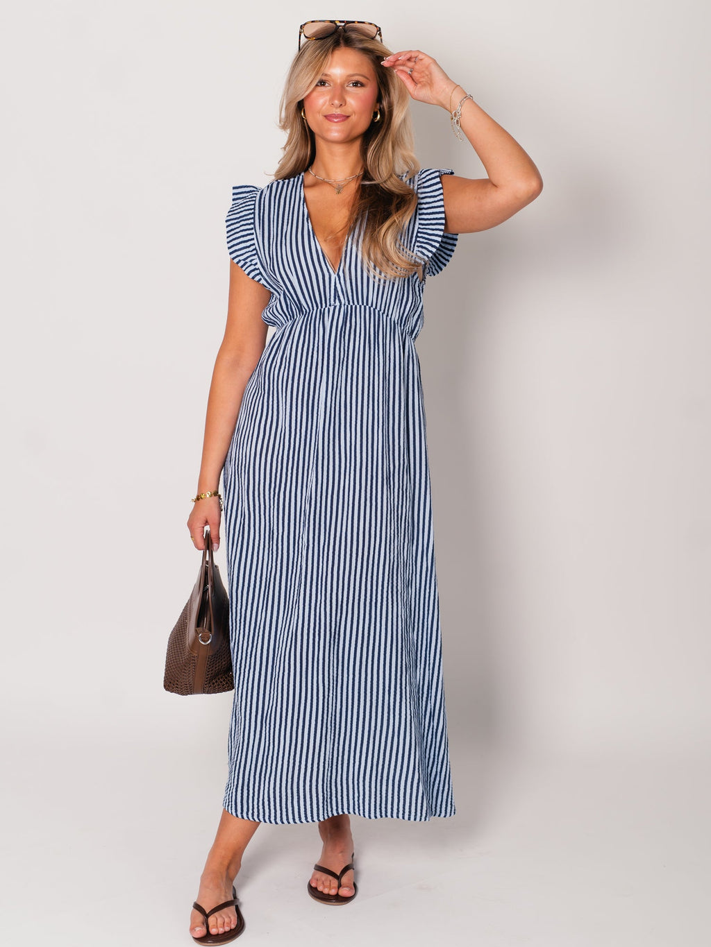 Leonora Stripes Musselin Kleid - Navy/Hellblau