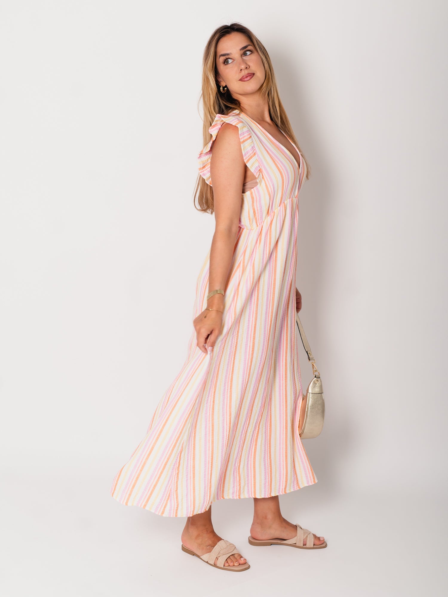Leonora Stripes Musselin Kleid - Bunt/Orange