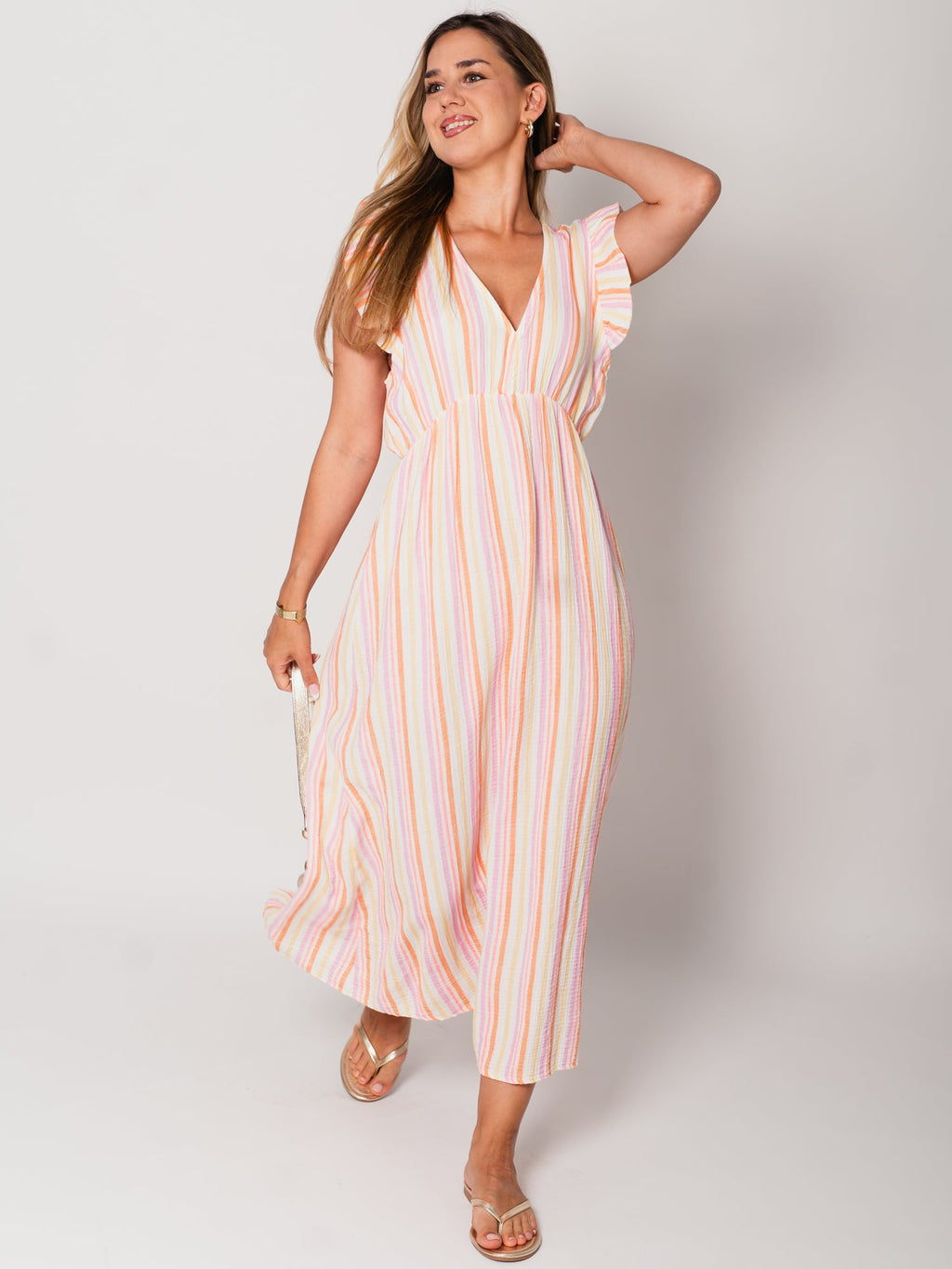 Leonora Stripes Musselin Kleid - Bunt/Orange