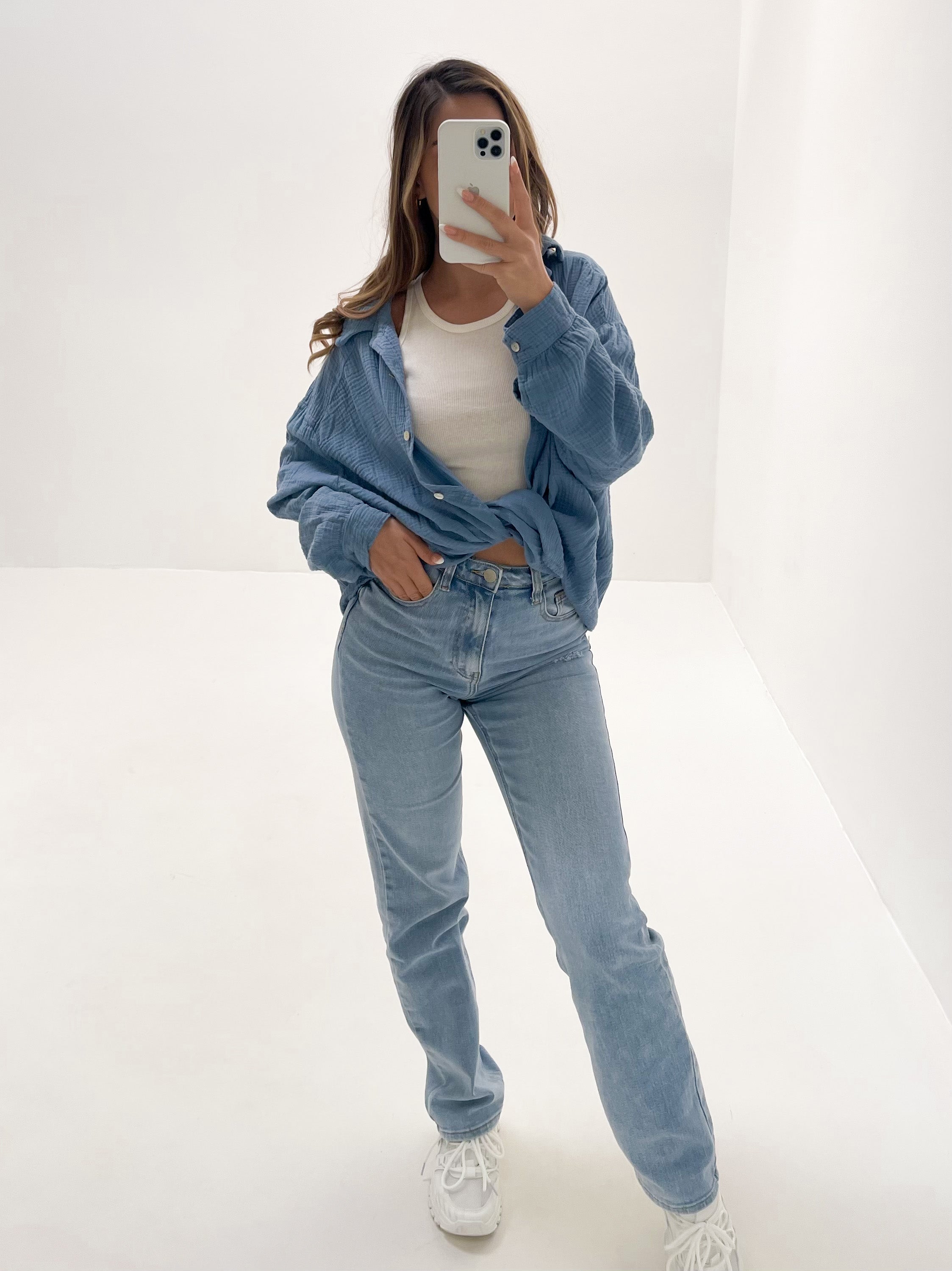 Midi Waffle Bluse - Blaugrau