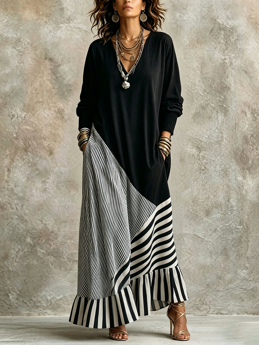 Gilda – Vestido Largo Negro con Rayas